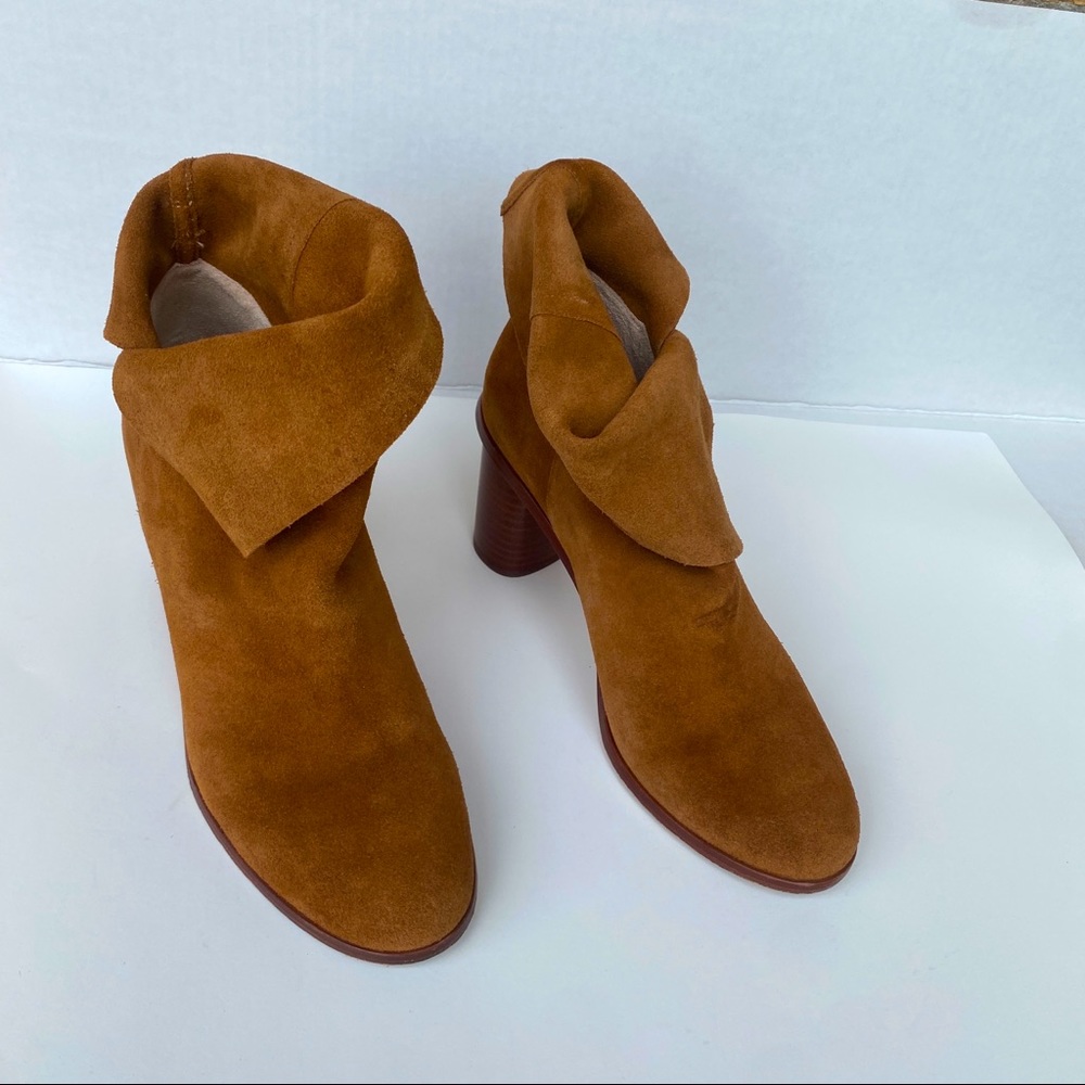 Pour La Victoire Camel Cognac Fold Over Top Booties Size 9 Block Heel - Picture 8 of 10